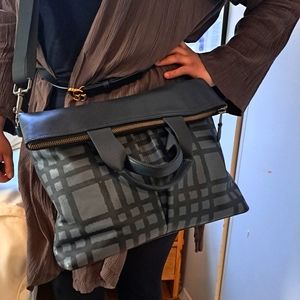 Coach Leather Charles Foldover Tote Messenger Bag  (Plaid)